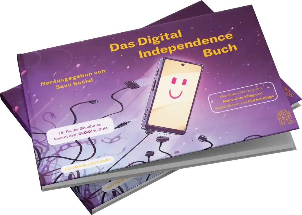 Zwei breitformatige B&uuml;cher mit dem Titel "Das Digital Independence Buch" und einer Illustration eines l&auml;chelnden Smartphones das sich von Kabeln befreit