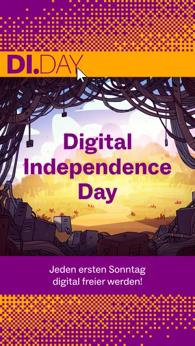 Im Hintergrund eine apokalyptisch wirkende Landschaft mit einem hellen Horizont, eingerahmt von dunklen, verkabelten Tr&uuml;mmern. In der Mitte der Text &bdquo;Digital Independence Day" in fetten lila Buchstaben. Oben links das Logo &bdquo;DI.DAY" auf gelbem Hintergrund, unten ein lila Banner mit dem Slogan &bdquo;Jeden ersten Sonntag digital freier werden!"