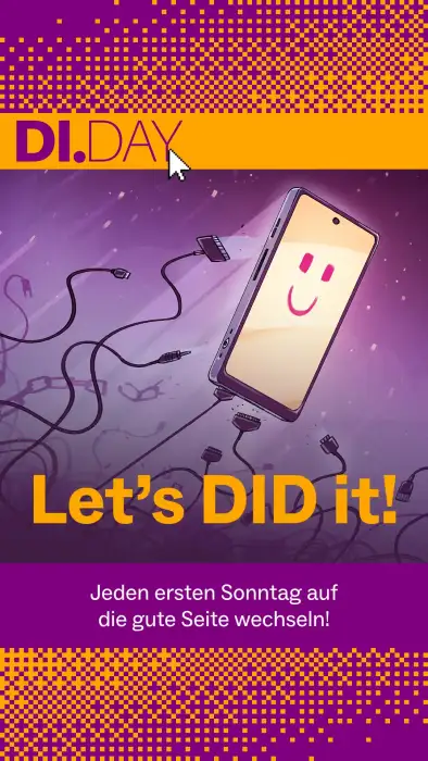 Fr&ouml;hliches Smartphone vor galaktischem Hintergrund, das sich vom Zwang der Kabel befreit. &Uuml;berlagert mit dem Text "Let's DID it" und einem Untertitel "Jeden ersten Sonntag auf die gute Seite wechseln!"