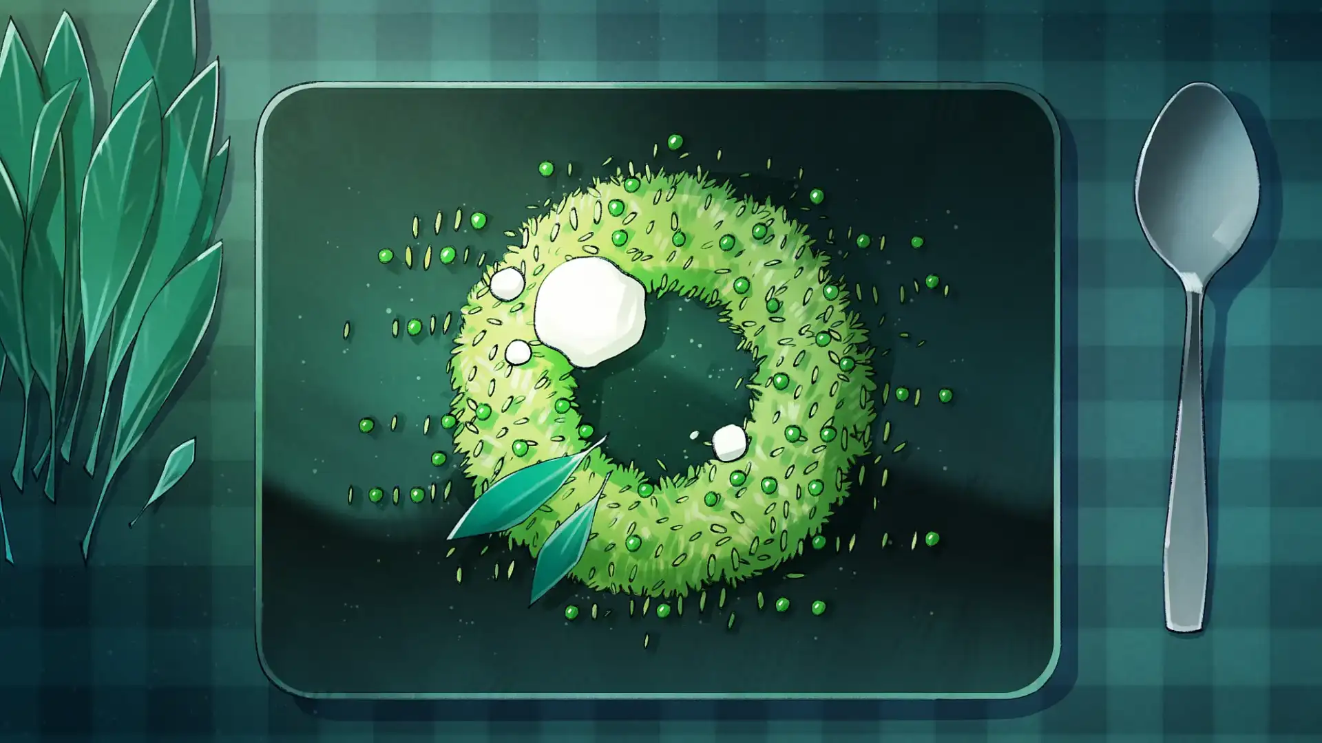 Illustration eines kreativ angerichteten Reisgerichts, bei dem Linsen und Reisk&ouml;rner ein stilisiertes Auge formen. Die Anordnung in gr&uuml;n erinnert an das Design aus dem Film &sbquo;Matrix&lsquo; und assoziiert gleichzeitig das Auge des Computers HAL aus &sbquo;2001: Odyssee im Weltraum&lsquo;. Im Hintergrund sind frische Salbeibl&auml;tter und ein L&ouml;ffel zu sehen.