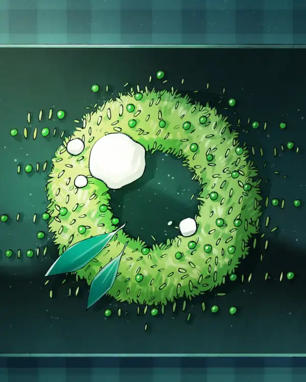 Illustration eines kreativ angerichteten Reisgerichts, bei dem Linsen und Reisk&ouml;rner ein stilisiertes Auge formen. Die Anordnung in gr&uuml;n erinnert an das Design aus dem Film &sbquo;Matrix&lsquo; und assoziiert gleichzeitig das Auge des Computers HAL aus &sbquo;2001: Odyssee im Weltraum&lsquo;. Im Hintergrund sind frische Salbeibl&auml;tter und ein L&ouml;ffel zu sehen.