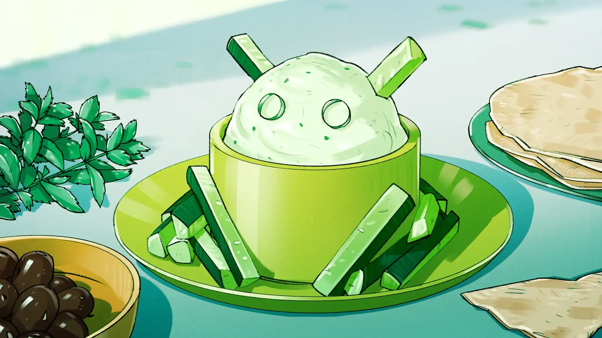 Ein gr&uuml;ner Teller mit einem gr&uuml;nen Sorbet oder Eis, das mit zwei augen&auml;hnlichen St&uuml;ckchen an das Google-Symbol erinnert. Im Kof stecken zwei gr&uuml;ne St&auml;bchen (vermutlich Schokolade), von denen auch mehrere auf dem Teller verteilt sind.