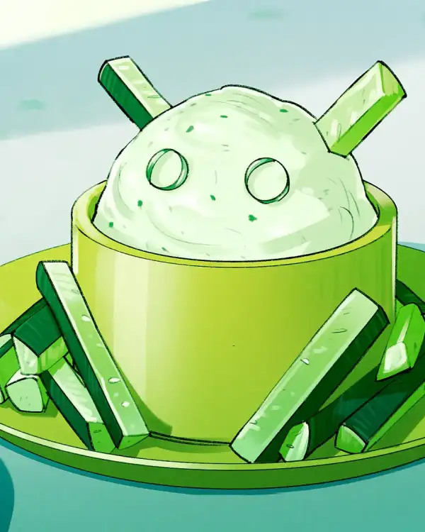 Ein gr&uuml;ner Teller mit einem gr&uuml;nen Sorbet oder Eis, das mit zwei augen&auml;hnlichen St&uuml;ckchen an das Google-Symbol erinnert. Im Kof stecken zwei gr&uuml;ne St&auml;bchen (vermutlich Schokolade), von denen auch mehrere auf dem Teller verteilt sind.