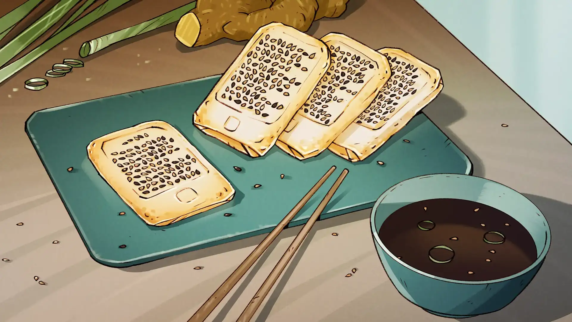Illustration eines Gerichts mit zwei St&auml;bchen und Sojaso&szlig;e in einer gr&uuml;nen Tonsch&uuml;ssel. Auf dem Tonteller sind an Dumplings erinnernde Teigtaschen in Form von E-Readern zu sehen. Sesamk&ouml;rner erinnern an die Buchstaben auf dem E-Reader-Screen.