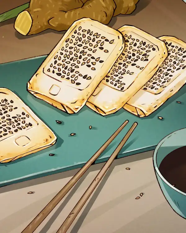 Illustration eines Gerichts mit zwei St&auml;bchen und Sojaso&szlig;e in einer gr&uuml;nen Tonsch&uuml;ssel. Auf dem Tonteller sind an Dumplings erinnernde Teigtaschen in Form von E-Readern zu sehen. Sesamk&ouml;rner erinnern an die Buchstaben auf dem E-Reader-Screen.