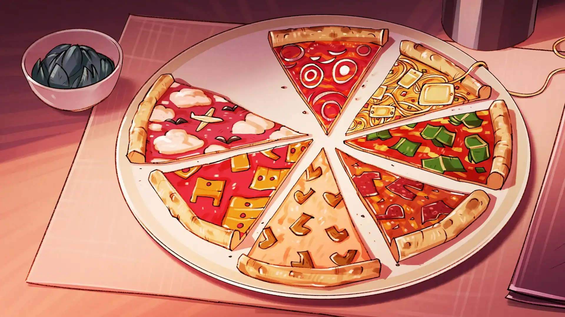 Sieben gro&szlig;e St&uuml;cke einer Pizza, das achte fehlt. Die St&uuml;cke symbolisieren unterschiedliche Segmente des Online-Handels symbolisiert. Von 12 Uhr im Uhrzeigersinn Fahrr&auml;der (aus Zwiebeln auf Tomatensauce), Elektronik (K&auml;asest&uuml;cke), B&uuml;cher (Gem&uuml;sest&uuml;cke), Kleidung (Wurst), Schuhe (Pilze), M&ouml;bel (wie K&auml;se) und Reisen (Wolken und Flugzeuge).