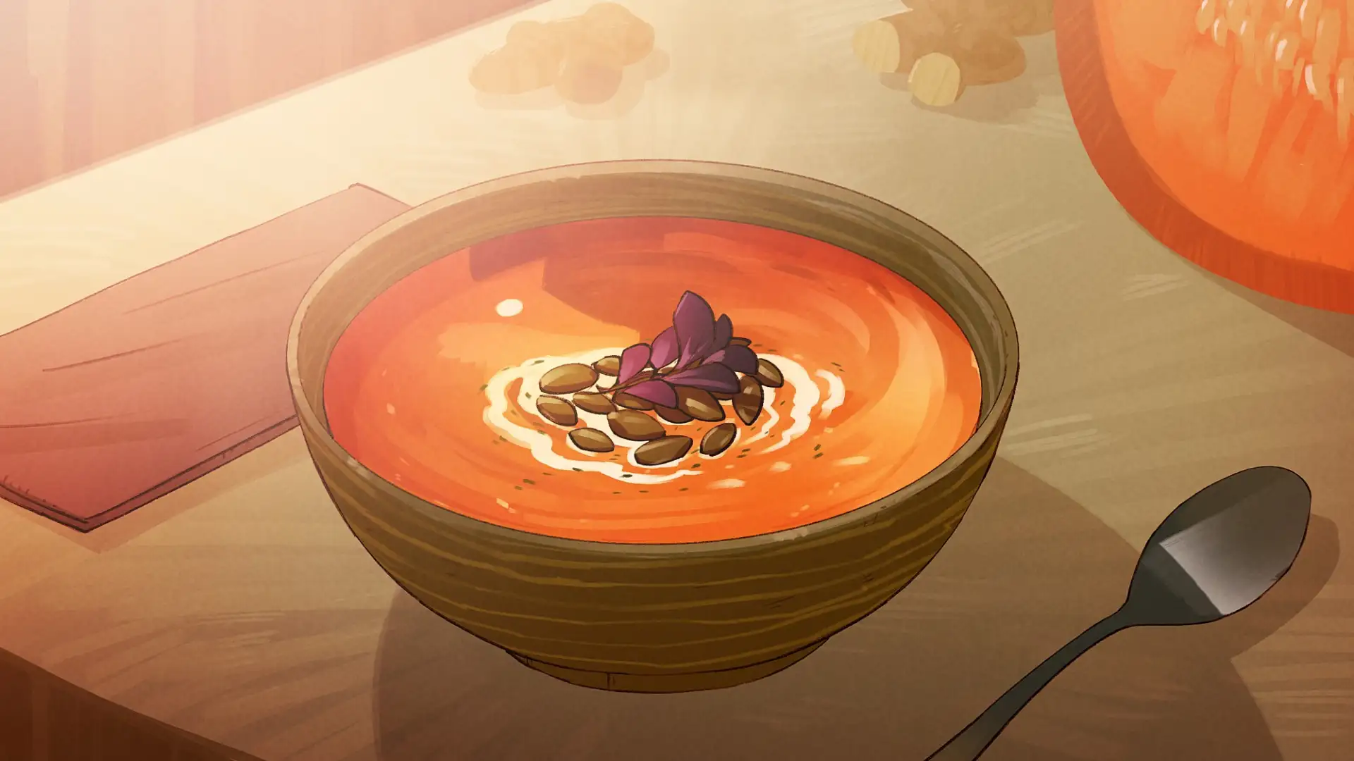 Eine leckere, r&ouml;tliche K&uuml;rbissupe mit einem Sahnetopping, dessen Form an das Firefox-Logo erinnert