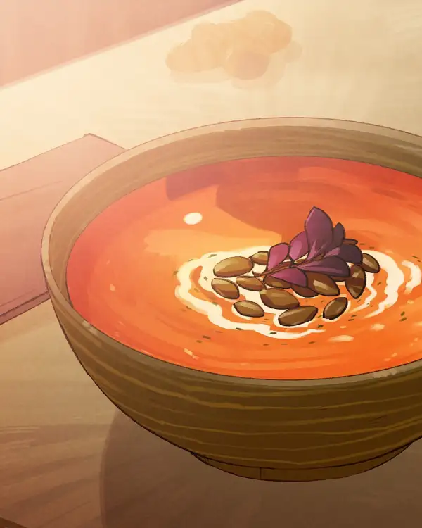 Eine leckere, r&ouml;tliche K&uuml;rbissupe mit einem Sahnetopping, dessen Form an das Firefox-Logo erinnert