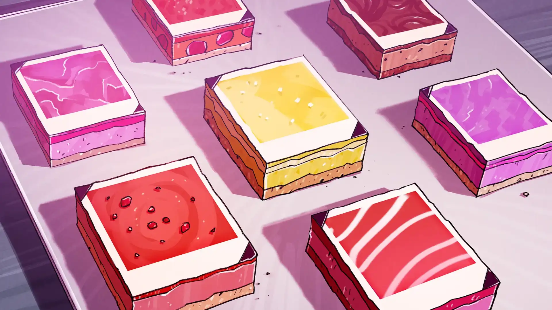 Illustration mit rechteckigen Kuchenst&uuml;cken in verschiedenen Farben auf einer leicht t&uuml;rkisen Kuchenplatte. Die Glasur besteht aus einem wei&szlig;en Rand um farbige, rechteckige Fruchtbel&auml;ge herum. Beides erinnert optisch an Polaroid-Fotos.