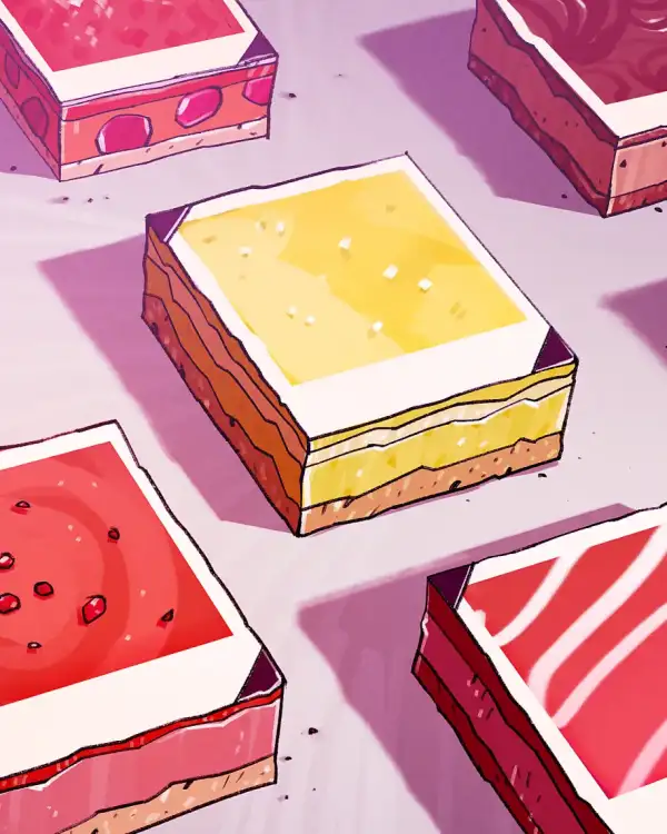 Illustration mit rechteckigen Kuchenst&uuml;cken in verschiedenen Farben auf einer leicht t&uuml;rkisen Kuchenplatte. Die Glasur besteht aus einem wei&szlig;en Rand um farbige, rechteckige Fruchtbel&auml;ge herum. Beides erinnert optisch an Polaroid-Fotos.