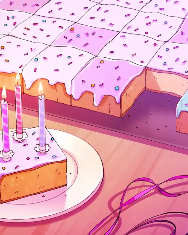 Ein rechteckiger, bunt glasierter Blechkuchen mit Streuseln steht auf einem Tisch, angeschnitten in 7 mal 4 Reihen wie ein Kalender. Daneben ein abgeschnittenes St&uuml;ck auf einem Teller mit drei brennenden Kerzen. Um den Kuchen herum liegen rosa Servietten, eine Gabel und dekorative Geschenkband-Schleifen.