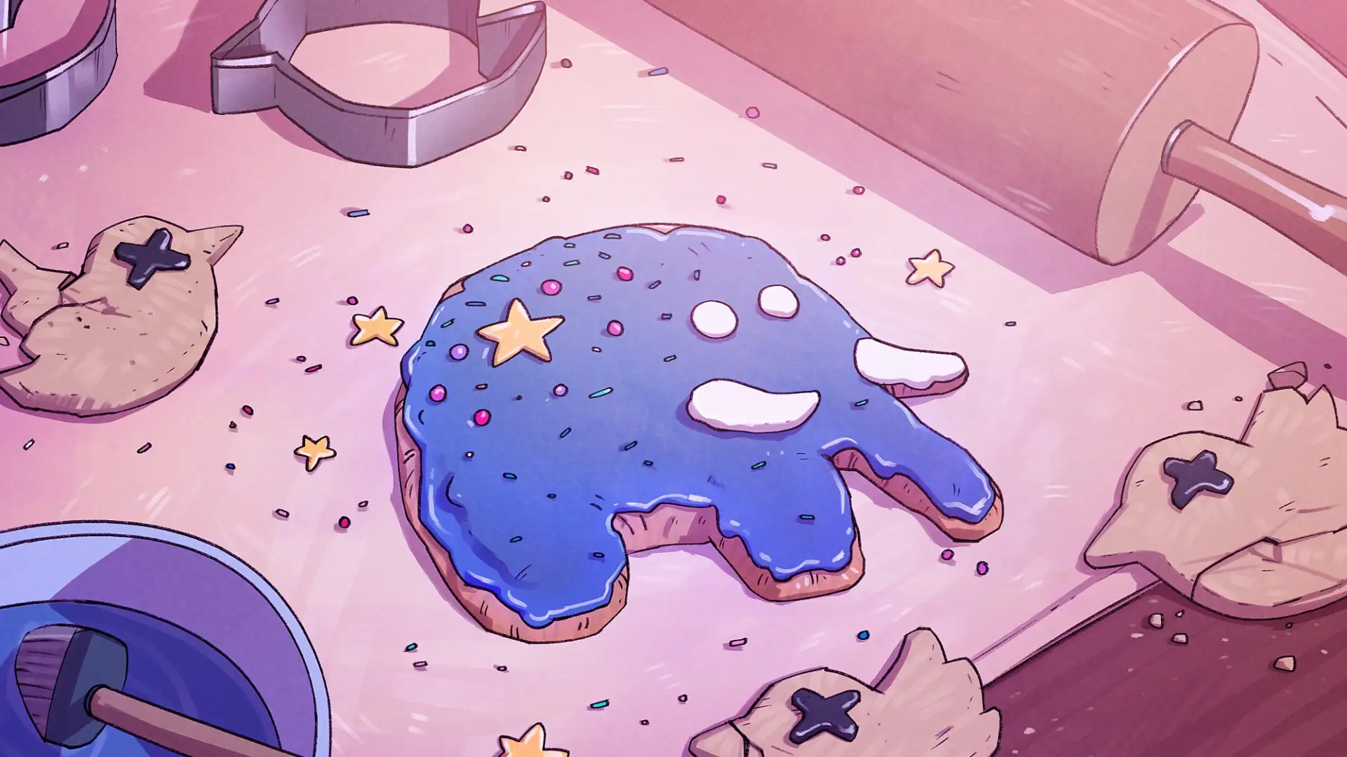 Leckerer, blauer Mastodon-Cookie neben drei sehr trocken aussehenden Twitter-Cookies