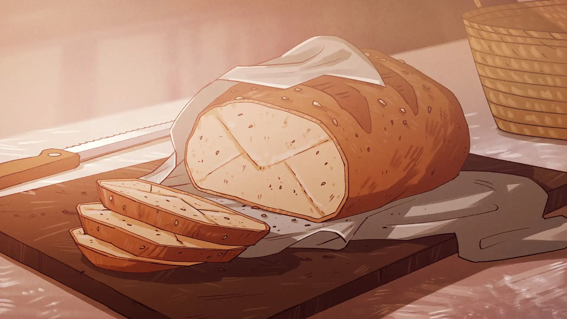 Frisches Brot wird angeschnitten und die Scheiben haben &Auml;hnlichkeit zu Briefen/E-Mails