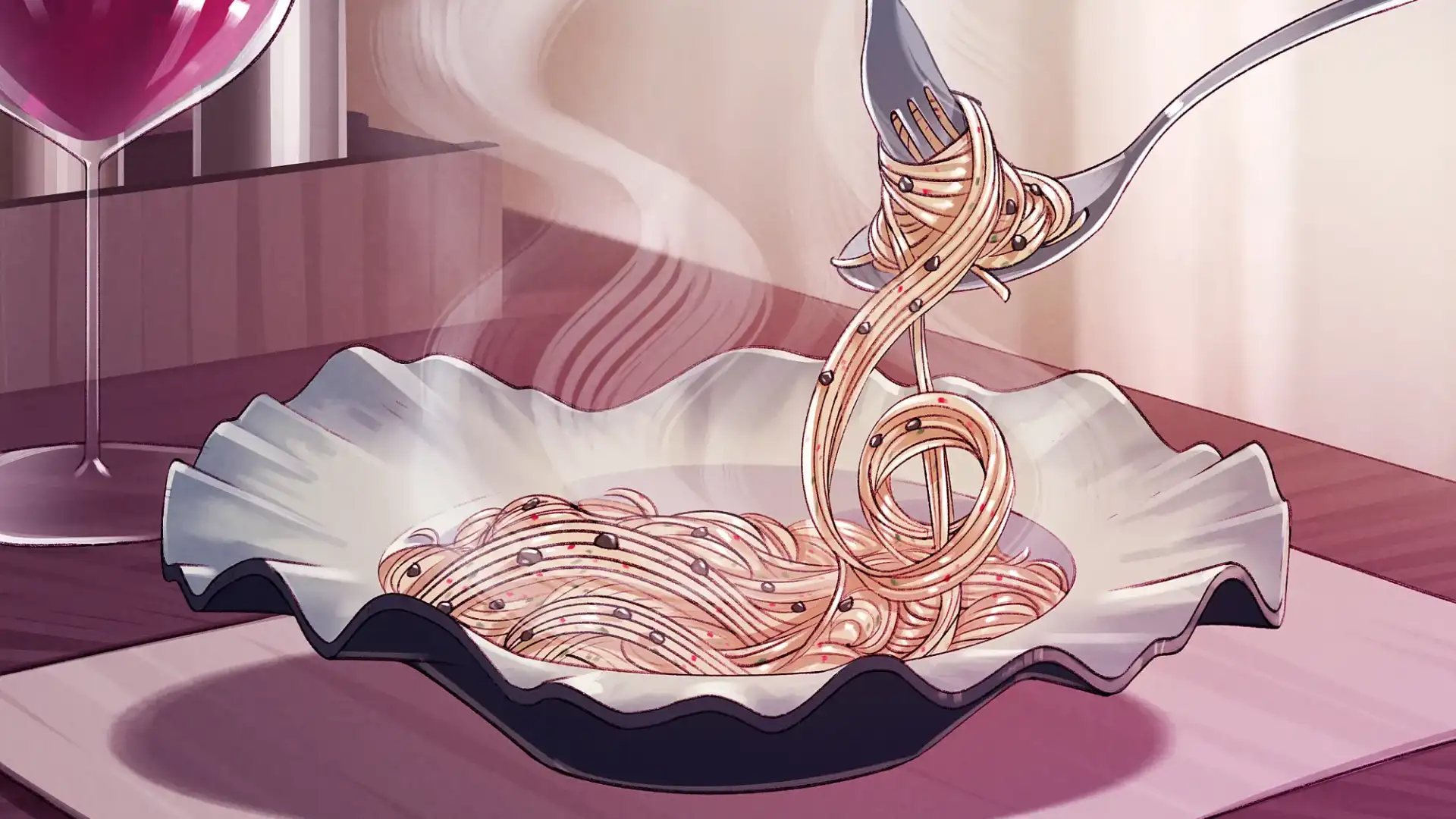 Illustration mit Spaghetti, die in Form eines Notenschl&uuml;ssels aus einer Gabel in eine wei&szlig;e, muschelartige Sch&uuml;ssel fallen, begleitet von einem Glas Rotwein im Hintergrund.