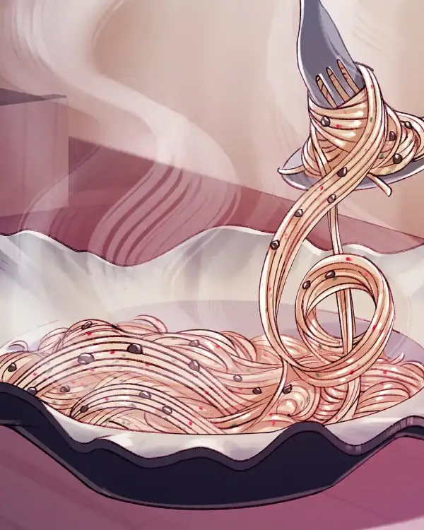 Illustration mit Spaghetti, die in Form eines Notenschl&uuml;ssels aus einer Gabel in eine wei&szlig;e, muschelartige Sch&uuml;ssel fallen, begleitet von einem Glas Rotwein im Hintergrund.