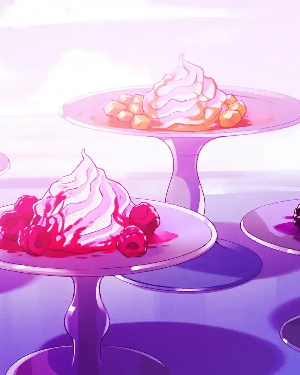 Mehrere elegante Dessertteller auf hohen St&auml;ndern, jeweils mit einem kleinen Baiser (luftiges, wei&szlig;es Geb&auml;ck), garniert mit verschiedenen Fr&uuml;chten wie Himbeeren, Brombeeren, Heidelbeeren und gew&uuml;rfelten Fr&uuml;chten, dazu Fruchtsaucen.