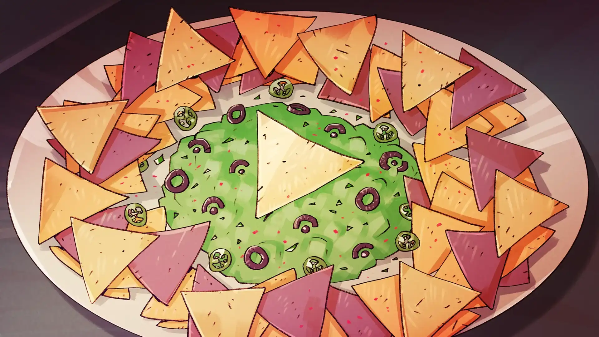 Eine Illustration mit einem Teller, am dessem Rand violette und orange Tacochips liegen, um eine gr&uuml;ne, runde Portion Guacamole mit Chilischeiben und Zwiebeln heru. In der Mitte der Guacamole liegt ein oranger Tacochip mit der Spitze nach rechts ausgerichtet, der an das Play-Symbol erinnert.
