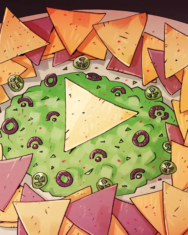 Eine Illustration mit einem Teller, am dessem Rand violette und orange Tacochips liegen, um eine gr&uuml;ne, runde Portion Guacamole mit Chilischeiben und Zwiebeln heru. In der Mitte der Guacamole liegt ein oranger Tacochip mit der Spitze nach rechts ausgerichtet, der an das Play-Symbol erinnert.