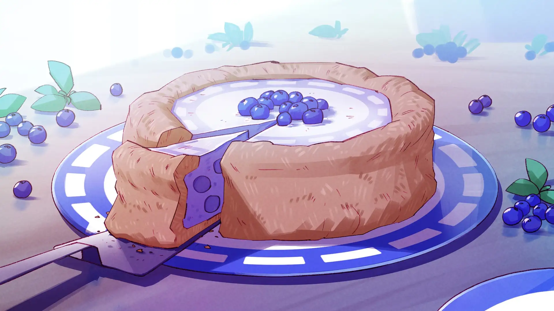 Leckere Blaubeer-Torte wird angeschnitten und serviert, der Teller darunter erinnert an das Logo von Signal