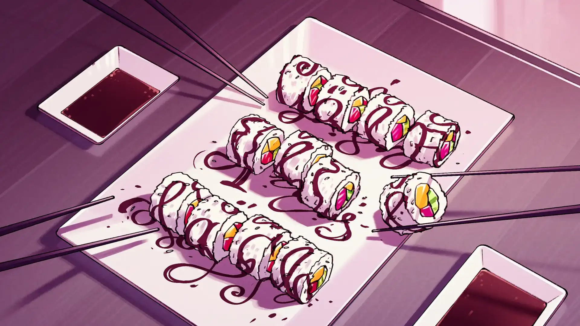 Eine Illustration von einem wei&szlig;en, rechteckigen Porzellanteller, auf dem drei Sushirollen liegen, aufgeteilt in mundgerechte Sushi-St&uuml;cke. &Uuml;ber das Sushi sind Schn&ouml;rkel aus brauner Sojaso&szlig;e gelegt, die an Schreibschrift erinnern. Neben dem Teller stehen zwei Schalen mit Sojasau&szlig;e. Von drei Seiten reichen Essst&auml;bchen auf den Teller, die offenbar kollaborativ das Sushi essen.