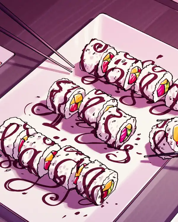 Eine Illustration von einem wei&szlig;en, rechteckigen Porzellanteller, auf dem drei Sushirollen liegen, aufgeteilt in mundgerechte Sushi-St&uuml;cke. &Uuml;ber das Sushi sind Schn&ouml;rkel aus brauner Sojaso&szlig;e gelegt, die an Schreibschrift erinnern. Neben dem Teller stehen zwei Schalen mit Sojasau&szlig;e. Von drei Seiten reichen Essst&auml;bchen auf den Teller, die offenbar kollaborativ das Sushi essen.