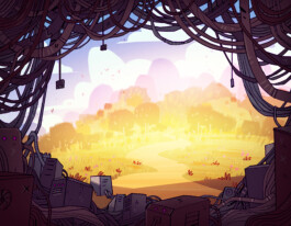 Illustration: Ein Gewirr aus dunklen Kabeln und alten Maschinen rahmt den Blick nach draußen, wo ein heller, goldener Wiesenweg durch blühende Natur zu sanften Hügeln führt – starker Kontrast zwischen düsterer Technik und lebendiger Landschaft. 