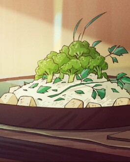 Eine Illustration zeigt eine Schüssel mit einer Speise, die aus einer weißen Basis, Tofuwürfeln und Brokkoliröschen besteht. Die Brokkoliröschen sind so angeordnet, dass sie wie eine Gruppe gepflanzter Bäume aussehen. Die Schüssel steht auf einem Holztisch, daneben liegen Essstäbchen. 
