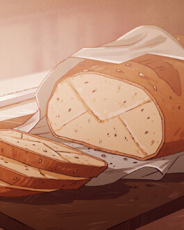 Eine Illustration zeigt einen angeschnittenen Brotlaib auf einem Schneidebrett. Drei Scheiben liegen davor, und das Brot ist teilweise mit einem Tuch bedeckt. Links daneben liegt ein Brotmesser, und im Hintergrund ist ein Korb zu sehen. Auf dem Brotabschnitt ist ein E-Mail-Logo zu erkennen. 