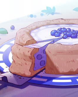 Eine Illustration zeigt einen auf einem blauen Teller liegenden Kuchen mit einem dicken, goldenen Boden und einer hellblauen Füllung, garniert mit frischen Heidelbeeren. Ein Stück wurde bereits herausgeschnitten und wird mit einem Tortenheber serviert. Teller und Tortenstück erinnern an das Logo der App Signal. 