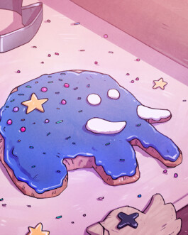 Eine Illustration zeigt eine Backszene auf einer rosa Arbeitsfläche, auf der ein Keks in der Form des Mastodon-Urtiers mit blauer Zuckergussglasur, Streuseln und Sternverzierungen im Mittelpunkt steht. Um ihn herum liegen weitere unglasierte Tierkekse, einige davon zerbrochen, sowie eine Rührschüssel, Pinsel, Ausstechformen und ein Nudelholz. 