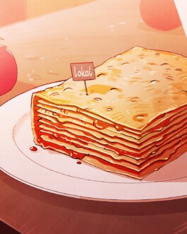 Eine Illustration zeigt eine große Portion Lasagne mit mehreren Schichten Nudelplatten und roter Soße, serviert auf einem weißen, runden Teller. Die Schichten der Lasagne erinnern an die Seiten eines Buches. In der Lasagne steckt ein kleiner Spieß mit einem Schild, auf dem das Wort „Lokal“ steht. Auf dem dunklen Holztisch liegen drumherum frische Tomaten, eine offene weiße Box und ein leeres Preisetikett. 