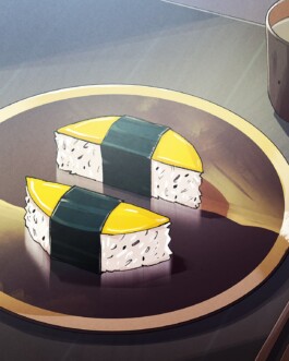 Illustration eines Tellers mit zwei Sushi-Stücken, deren Anordnung an das Logo des Zahlungsdienstleisters Wero erinnert. Daneben stehen Essstäbchen, Schalen und eine Tasse auf einem Tisch. 