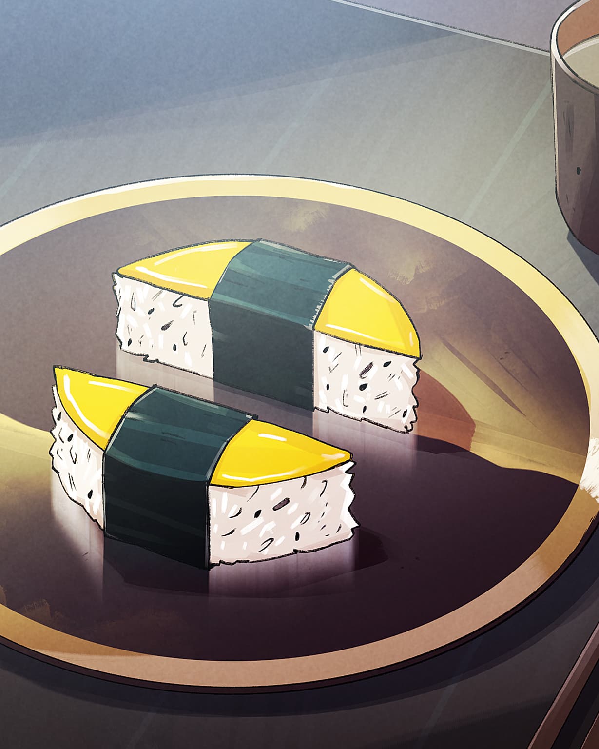 Illustration eines Tellers mit zwei Sushi-Stücken, deren Anordnung an das Logo des Zahlungsdienstleisters Wero erinnert. Daneben stehen Essstäbchen, Schalen und eine Tasse auf einem Tisch.